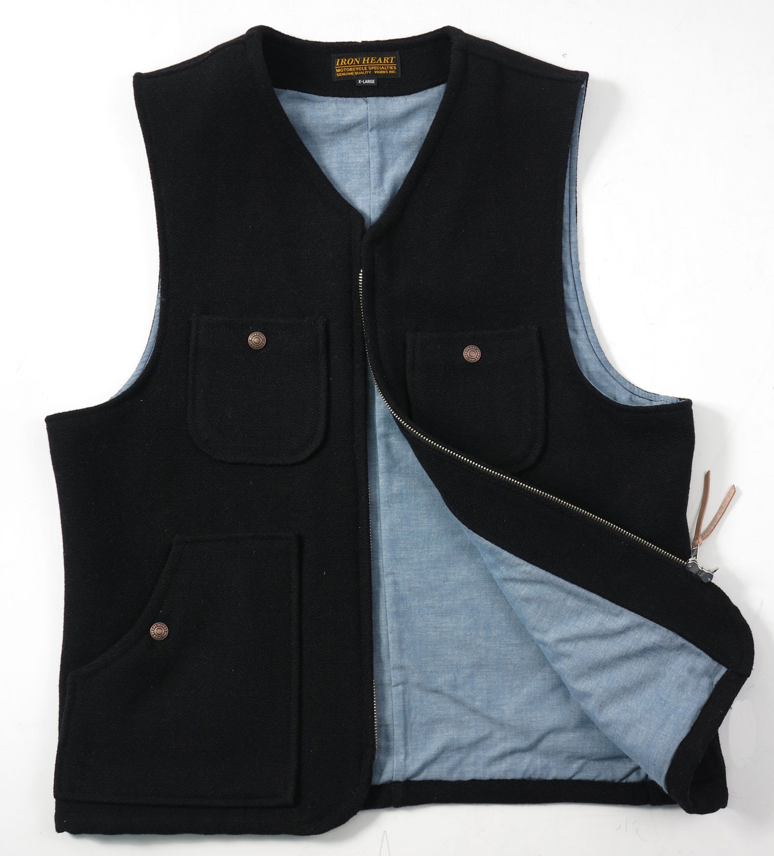 IHV-05 | Iron Heart Chambray Lined Black Melton Wool Work Vest