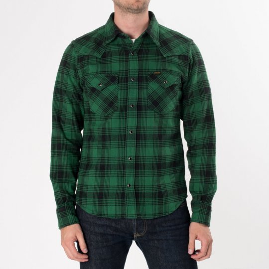 Green/Black Ultra Heavy Flannel Glen Check Western Shirt.