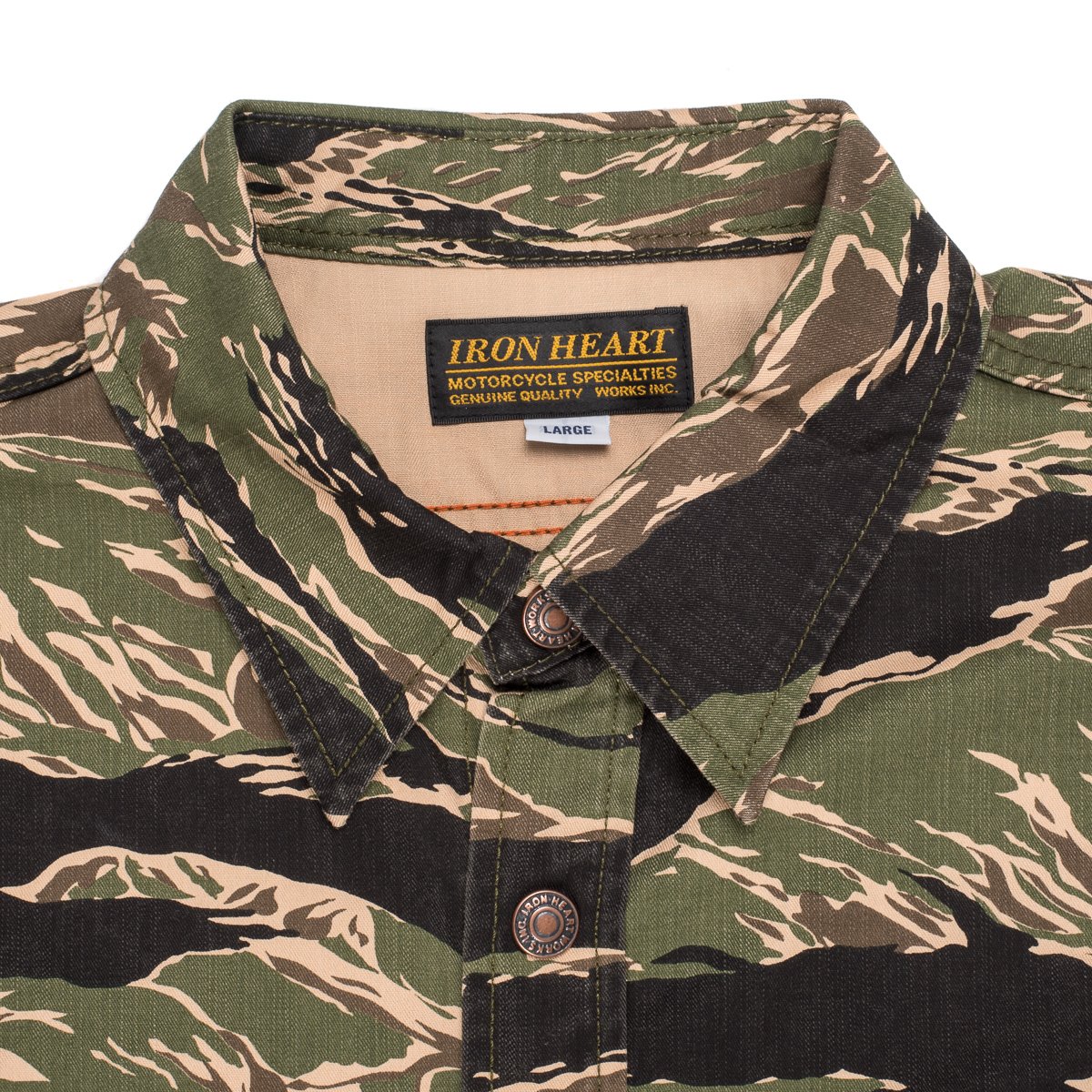 IHSH-186-GRN | Green Tiger Stripe Camouflage CPO Shirt. Made in Japan.