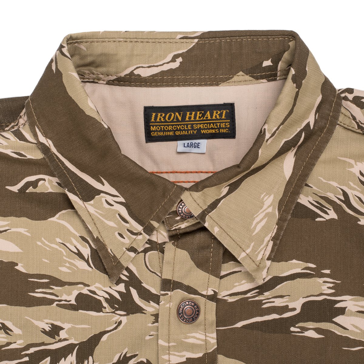 IHSH-186-KHA | Khaki Tiger Stripe Camouflage CPO Shirt. Made in Japan.