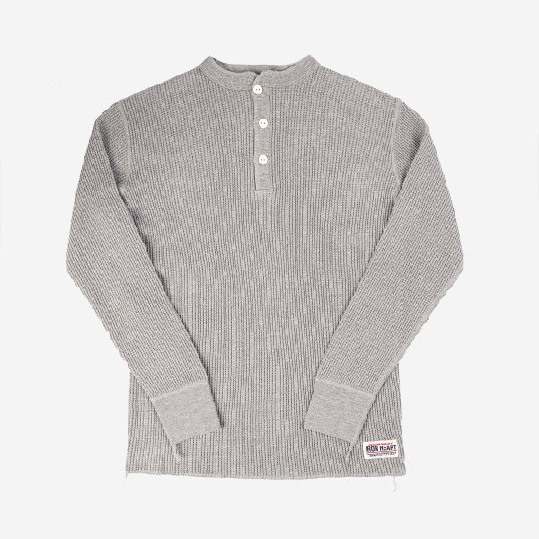 Waffle Knit Long Sleeved Thermal Henley - Grey